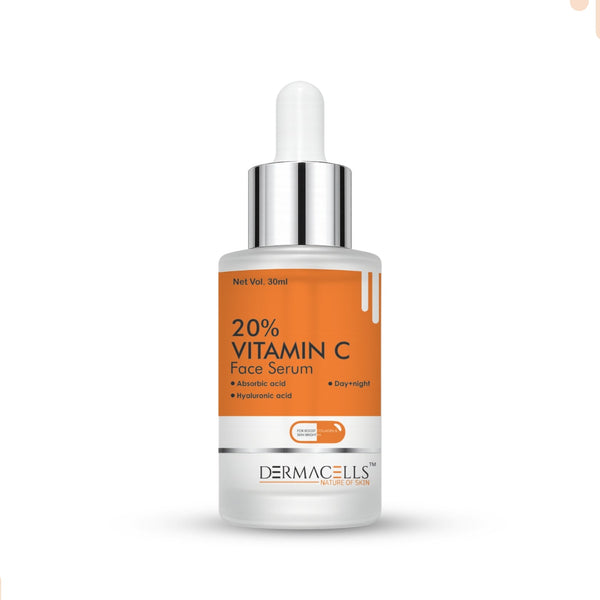 DERMACELLS 20% Vitamin C Face Serum 30ml | Vitamin C, 5% Niacinamide & Hyaluronic Acid for Glowing Skin, Dark Spots & Hydration