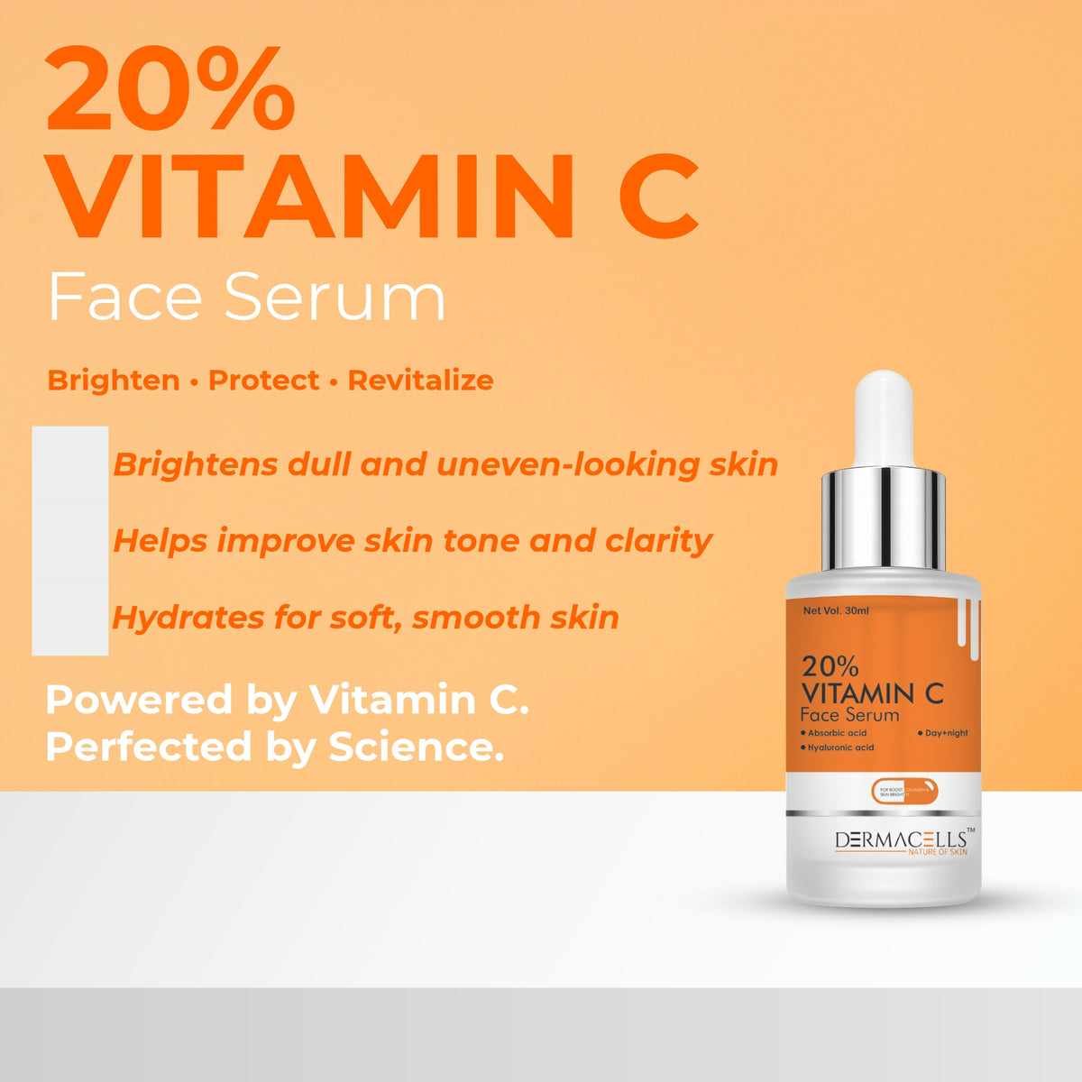 DERMACELLS 20% Vitamin C Face Serum 30ml | Vitamin C, 5% Niacinamide & Hyaluronic Acid for Glowing Skin, Dark Spots & Hydration