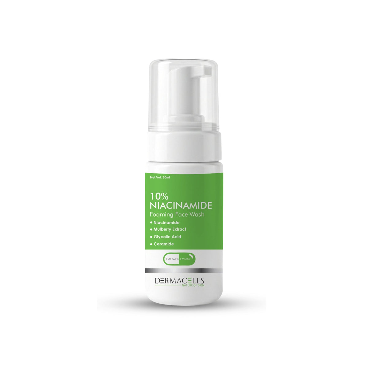 DERMACELLS 10% Niacinamide Foaming Face Wash with Mulberry Extract, Glycolic Acid & Ceramide for Acne-Prone Skin – 100 ml