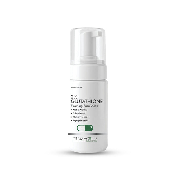 DERMACELLS 2% Glutathione Foaming Face Wash with Alpha Arbutin, D-Panthenol, Mulberry & Papaya Extracts – 100 ml