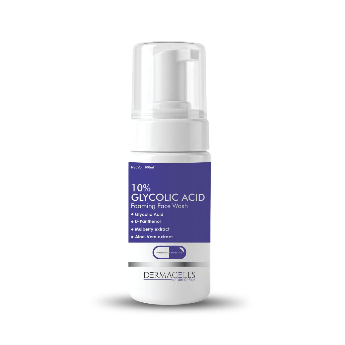 DERMACELLS 10% Glycolic Acid Foaming Face Wash with D-Panthenol, Mulberry & Aloe Vera Extracts – 100 ml