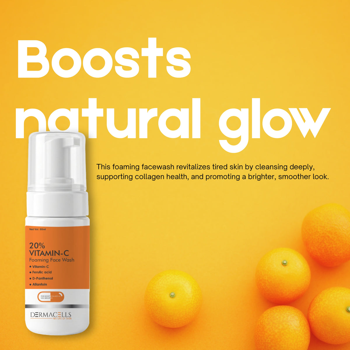 DERMACELLS 10% Vitamin C Foaming Face Wash 100ml | Built-In Brush Face Cleanser for Brightening, Deep Cleansing & Glowing Skin