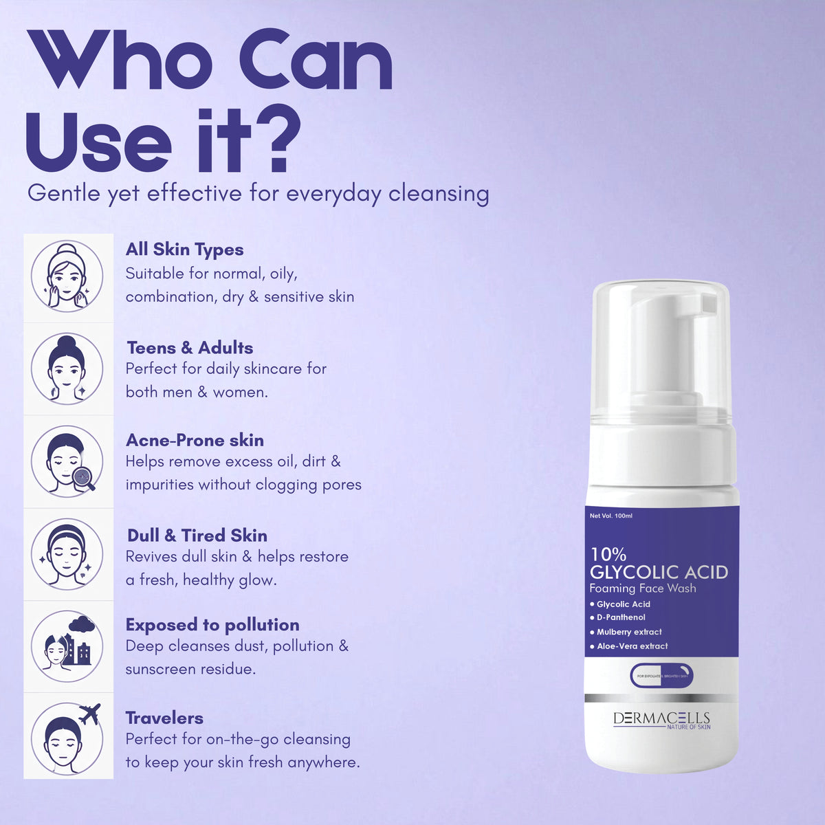 DERMACELLS 10% Glycolic Acid Foaming Face Wash with D-Panthenol, Mulberry & Aloe Vera Extracts – 100 ml