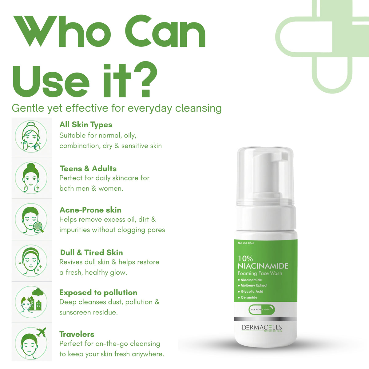 DERMACELLS 10% Niacinamide Foaming Face Wash with Mulberry Extract, Glycolic Acid & Ceramide for Acne-Prone Skin – 100 ml