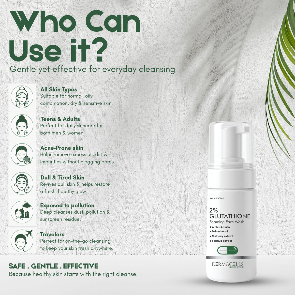 DERMACELLS 2% Glutathione Foaming Face Wash with Alpha Arbutin, D-Panthenol, Mulberry & Papaya Extracts – 100 ml