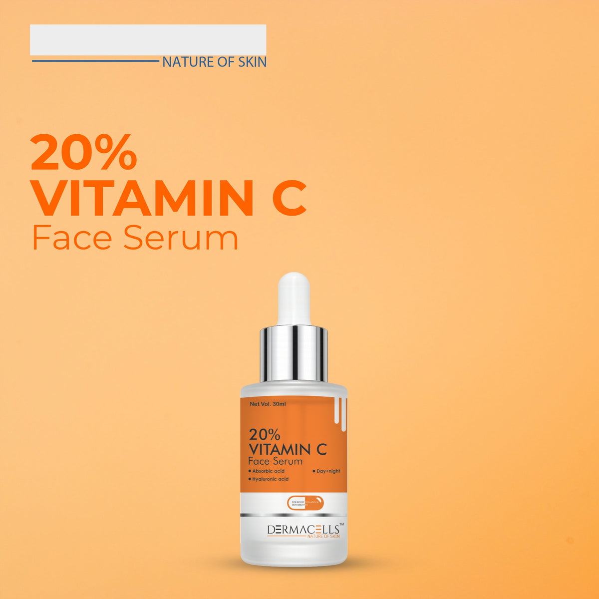 DERMACELLS 20% Vitamin C Face Serum 30ml | Vitamin C, 5% Niacinamide & Hyaluronic Acid for Glowing Skin, Dark Spots & Hydration